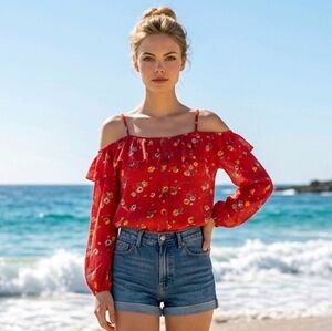 Maurices Red Floral Cold-Shoulder Ruffle Blouse Size Medium. Great Condition